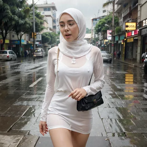 Young beautiful sweet sundanese Bogor city girl, 25 years old, slim body, georgeus face, no underwear, wearing  wet white thin hijab, all her  hairs covered under her hijab,  wearing wet white thin see through very transparent buttoned dress, wearing wet w...