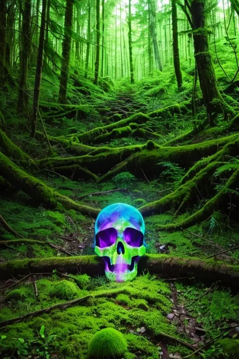 Psychedelic idea of a Skull in the forest, the top of the skull is dominated by photoluminescent mushrooms, there are some fallen tree trunks ahead, and mosses taking over the ground and trunks