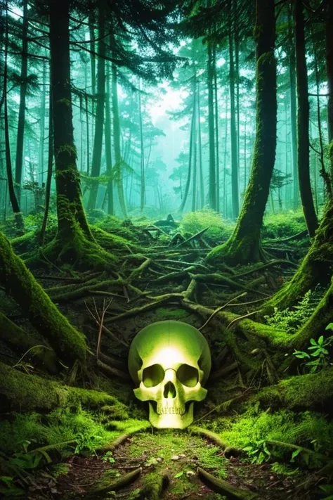 Psychedelic idea of a Skull in the forest, the top of the skull is dominated by photoluminescent mushrooms, there are some fallen tree trunks ahead, and mosses taking over the ground and trunks