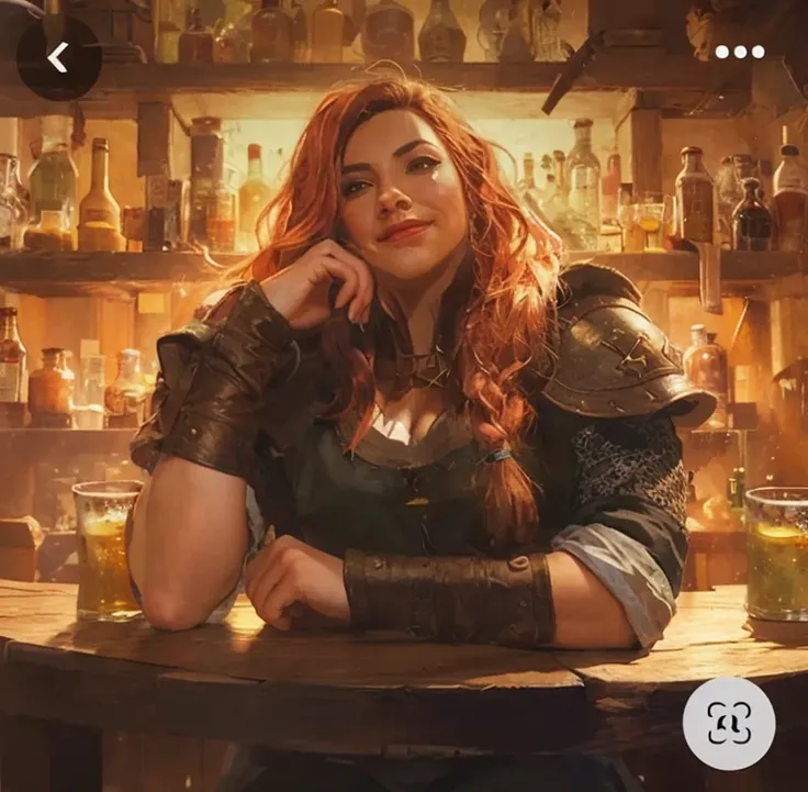 a close-up of a woman sitting at the table with a glass of beer, Lawther sitting at the table playing DND, Retrato de RossDraws, dnretrato, dungeons and dragons portrait, d&retrato, retrato dnd, artgerm extremamente detalhado, estilo de arte mtg, retrato d...