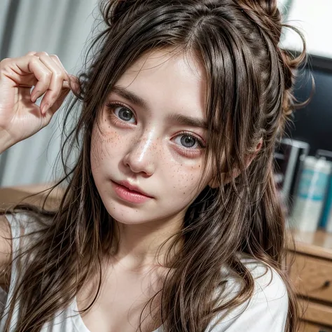 1girl, idol, close-up, collarbone,  ,, photo, film, depth of field, skin texture, t-shirt, rubber band, topknot, long hair, messy hair, freckles,