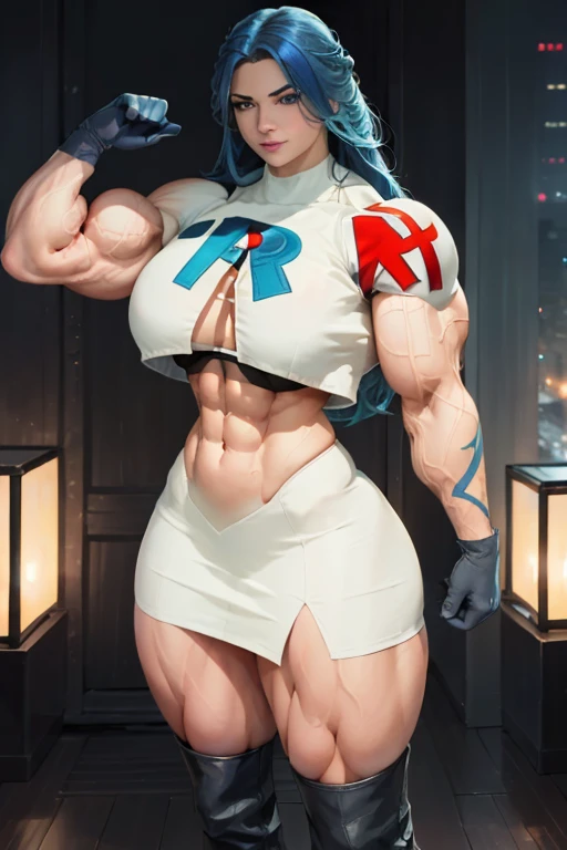 (((((Massive tall, beautiful, buff, pale white muscular goddess woman with royal blue hair, ginormous bulky muscles and wearing a sleeveless team rocket uniform with skirt))))), close view, (massive muscles), massive biceps, hyper muscle shoulders, (ginorm...