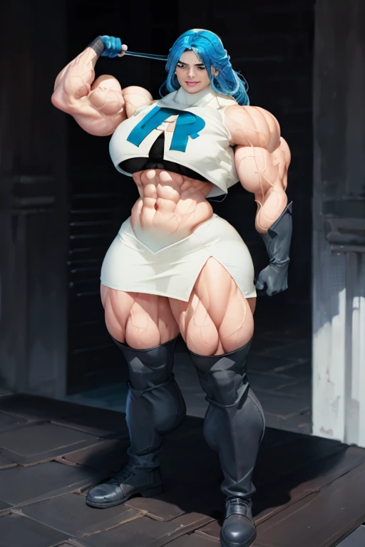 (((((Massive tall, beautiful, buff, pale white muscular goddess woman with royal blue hair, ginormous bulky muscles and wearing a sleeveless team rocket uniform with skirt))))), close view, (massive muscles), massive biceps, hyper muscle shoulders, (ginorm...