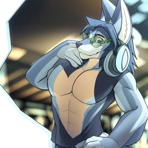 (((ace light blue fur with dark blue hair , 3d realistic Ray tracing lighting style wear green glasses and headphones ))) , day, sexy, sensual, detailed, uploaded to e621, beautiful and detailed portrait of an anthropomorphic, (((male ))) uploaded to e621,...