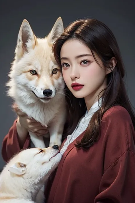 beautiful woman with red eyes posing for elegant photo with white giant fox, arpino,gray hair,face to face, ultra-realistic, cle...