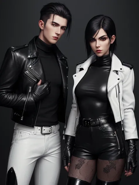 Final Fantasy-style graphics, young, Cute and cool Japanese boys and girls, Both have thin eyebrows and large eyes,  Both are wearing shiny white single-breasted leather jackets.。..。Biker style leather jacket、 with epaulettes,  The jacket is zipped up, The...