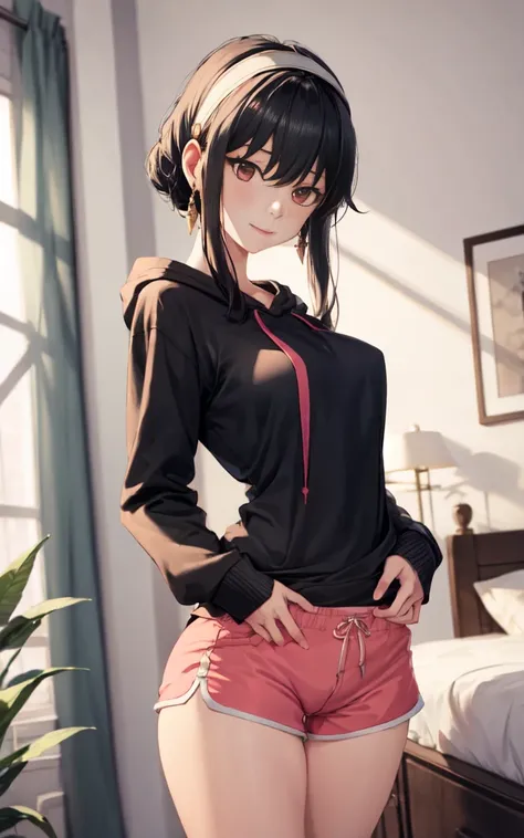 yor forger yor briar,spyxfamily, madsterpiece), oversized hoodie, baggy hoodie, thick heavy hoodie, dolfine shorts, booty shorts, short shorts, white headband, gold earrings, natural makeup, staring at viewer, sStanding in bedroom, neck, slight smile, thig...