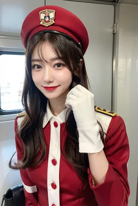 1woman, long hair red, smile, train pilot uniform dress, Japanese train pilot uniform, pilot hat in head, white gloves,