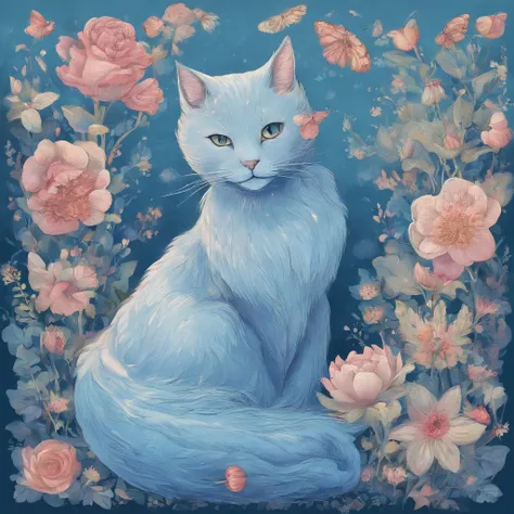 A garden full of blooming flowers、blue cat