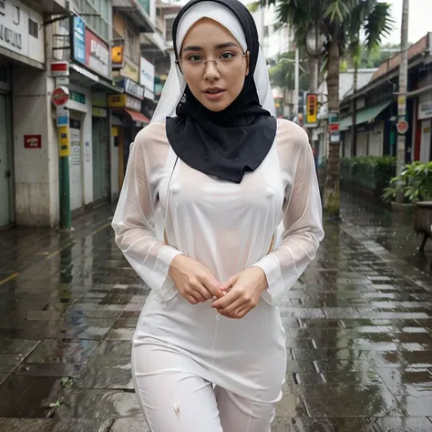 Young beautiful sweet sundanese Bogor city girl, 25 years old, slim body, georgeus face, no underwear, wearing  wet white thin hijab, all her  hairs covered under her hijab,  wearing wet white thin see through very transparent buttoned dress, wearing wet w...