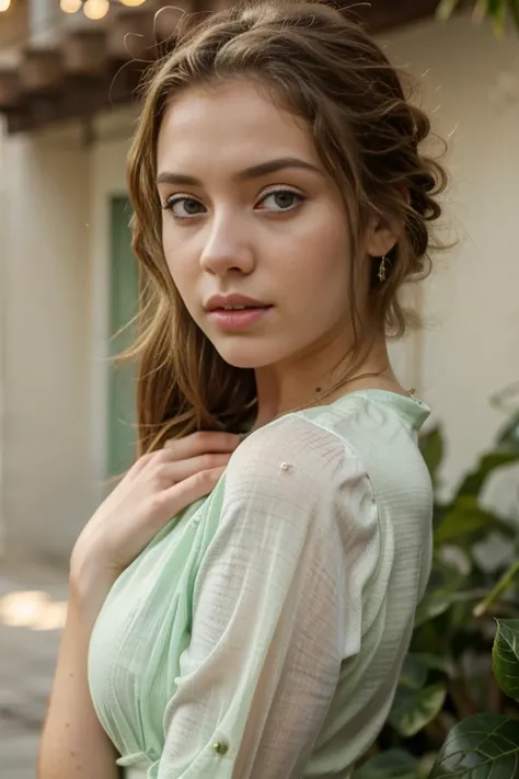 arafed woman con pecas and a green dress posing for a picture, pecoso, chica sexy con ojos verdes, anna nikonova aka new milkmaid, pecoso pale skin, lindas pecas, small pieces, light lindas pecas, hermosa joven modelo, hermosa joven, small breasts, con pec...