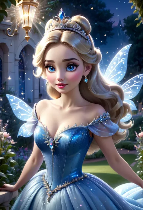 (high quality,4k,8k,highres,masterpiece:1.2),ultra-detailed,(realistic,photorealistic,photo-realistic:1.37),Cinderella wearing a sparkling blue gown,beautiful detailed eyes,beautiful detailed lips,long eyelashes,glowing skin,princess with a regal posture,f...