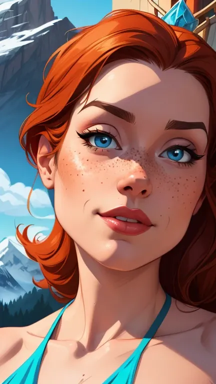 Beautiful portrait mode pose Cartoon character character in dynamic pose two women together with freckles on their faces Disney princess Queen Anna of Arendelle with 1,60cm on the left and along with a symmetrical body and beautiful breasts, corpo bem defi...