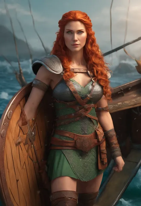 a viking warrior, long wavy red hair, green eyes, thin lips, round face, wearing viking armor, muscular and strong, sensual and imposing, looking at the viewer, viking woman on the viking ship, posing arrogantly on the bow of the boat