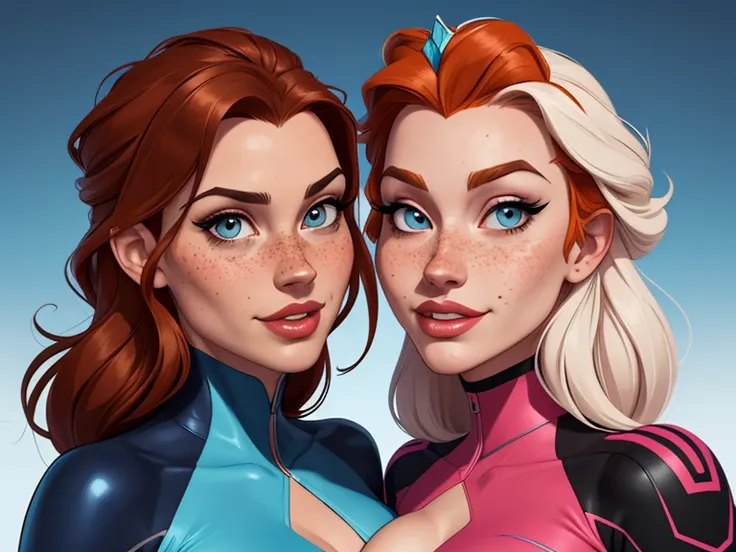 Beautiful portrait mode pose Cartoon character in dynamic pose two women in biker outfits together with freckles on their faces Disney princess Queen Anna of Arendelle with 1,60cm on the left and along with a symmetrical body and beautiful breasts, corpo b...