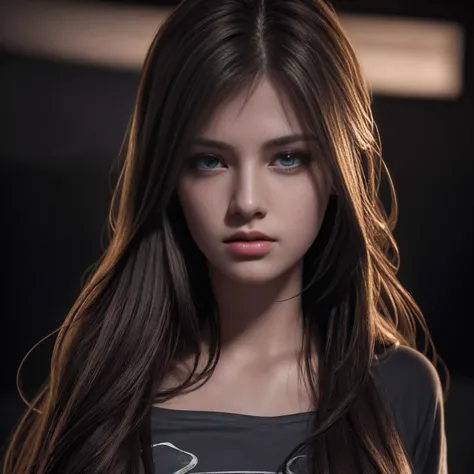 Best quality, masterpiece, ultra high res, (photorealistic:1.37), raw photo, 1girl, long hair, beautifull eyes,  beautifull face, detailed eyes and face, t-shirt, dynamic lighting, in the dark, deep shadow, low key, cowboy shot