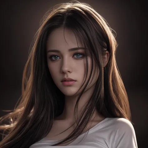 Best quality, masterpiece, ultra high res, (photorealistic:1.37), raw photo, 1girl, long hair, beautifull eyes,  beautifull face, detailed eyes and face, t-shirt, dynamic lighting, in the dark, deep shadow, low key, cowboy shot