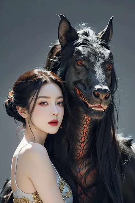 Beautiful woman with red eyes posing for elegant photo with black giant dragon, arpino,Gray Hair,Face to face, Ultra-realistic, Clear images