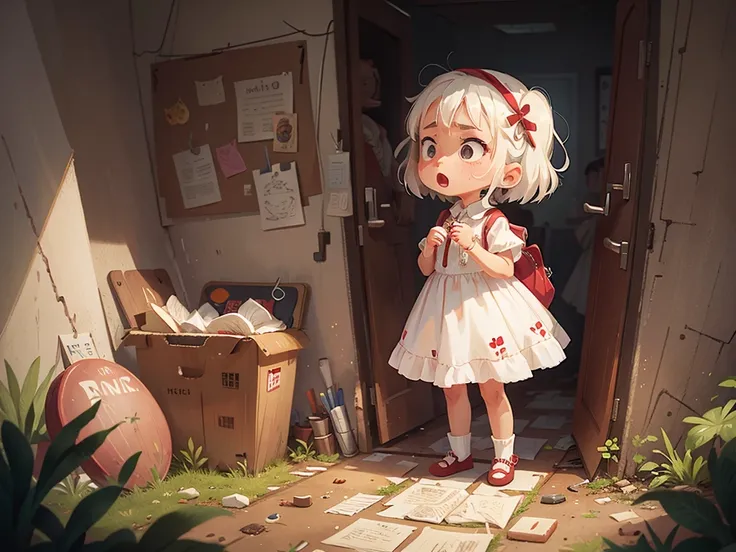 Six year old, White haired girl, disgusted expression, white dress, dirty place