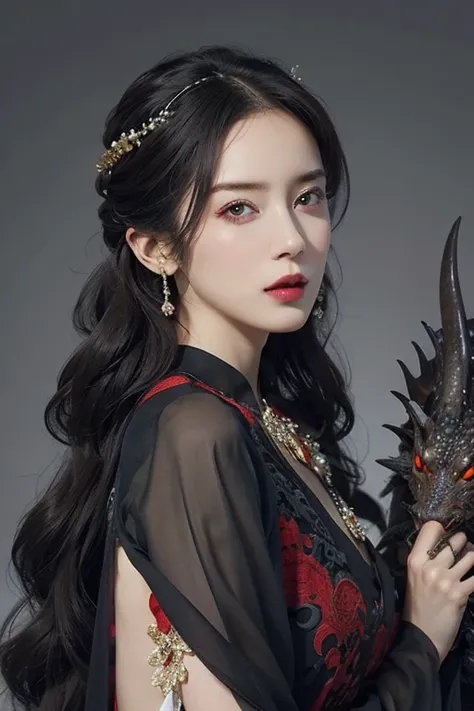 Beautiful woman with red eyes posing for elegant photo with black giant dragon, arpino,Gray Hair,Face to face, Ultra-realistic, Clear images