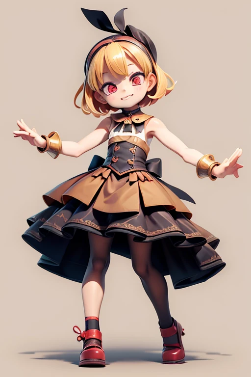 A girl with impressive blonde hair、Hair accessories、Short Bob、Black pantyhose、sleeveless、Hot Pants、Smile、Cute shoes and accessories、Red hair band、Dynamic poses