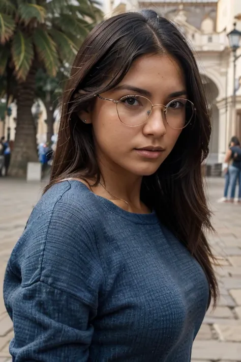 (Obra maestra, mejor calidad, high resolution: 1.2), 1 chica, Solo, cabello largo, lentes oscuros, cuerpo entero, sueter, jeans azules, cabello negro, rasgos latinos europeos, en plaza de armas de ciudad de lima, Peru