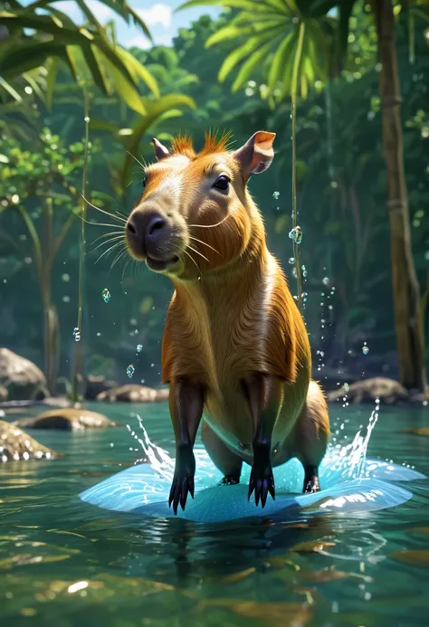 capibara en el agua, camalotes, corriente de agua, epic: 1.5, photorealistic: 1.4, skin texture: 1.4, super detailed and perfect, masterpiece, super detailed, hyper detailed, well-defined highlights and shadows, 32K