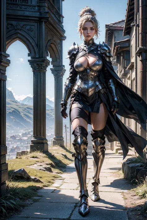 ((show full body from head to toe, standing, body facing to the viewer (show front body)). Tall body, fit body, slender body, big breast. A woman wearing wizard armor, gloves, show boots, chest armor, steel armor. short hair with updo. Masterpiece:1.5, ill...