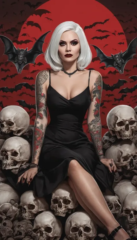 A beautiful woman with white hair and tattoos sits on a pile of skulls. She wears a black dress and high heels. Her eyes are red and there are bats around her.