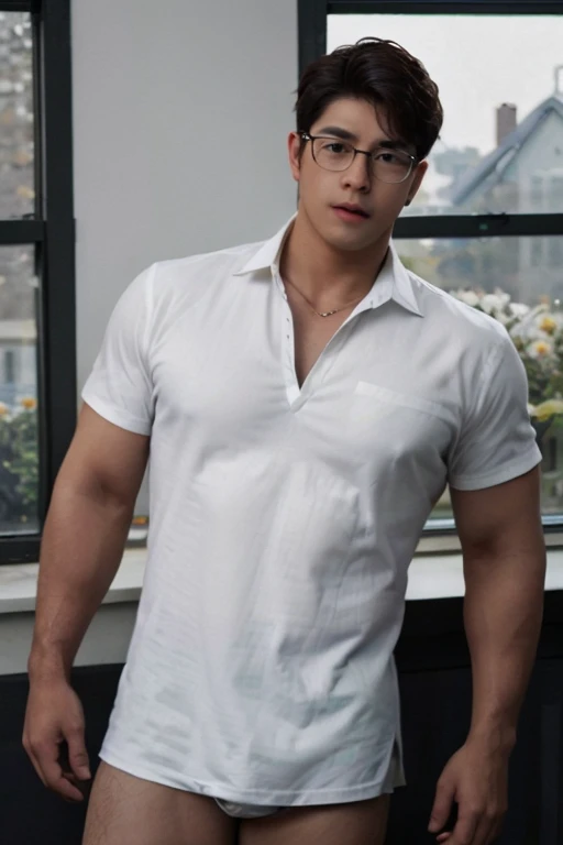 masterpiece, ONYX11, A 28-year-old mature male with strong muscles, Look at me, Line of sight focusing, Stand, Wearing a white short-sleeved shirt, Black tie, Breast flower, Brown hair, Indoor, Outside the window is the garden., Rimless glasses, textured s...