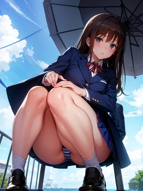  ,navy blue blazer, blue and white striped panties, squat, from below,While wearing a skirt、