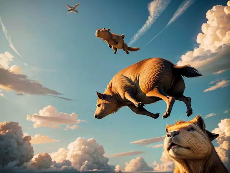 (a single) flying capybara in the sky, capybara soaring through the clouds, capybara with majestic wings, capybara with graceful flight, capybara with fluffy fur, capybara in mid-air position, capybara blending with the blue sky, capybara in a dreamlike at...