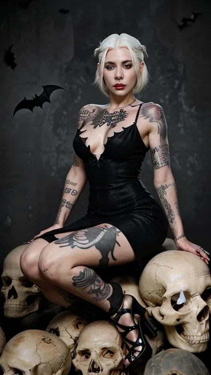 A beautiful woman with white hair and tattoos sits on a pile of skulls. She wears a black dress and high heels. Her eyes are red and there are bats around her.