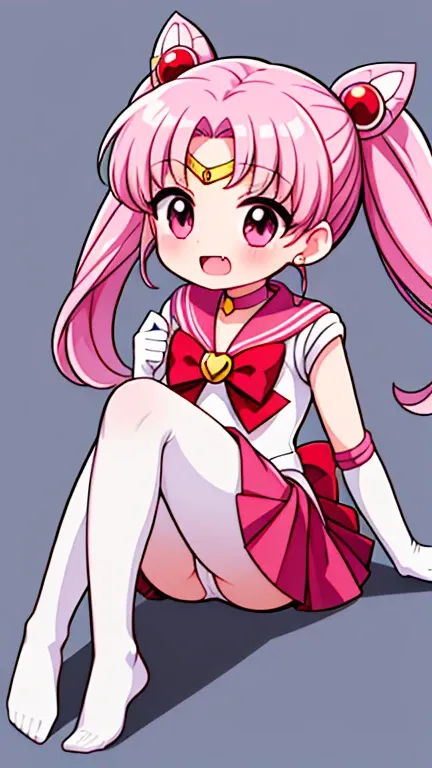 Sailor Moon，young年，Seven years old，cute，（Little Loli），Pink hair twintails，short hair，Sailor Suit，Red bow，White elbow gloves，Red Skirt，No shoes，Open your mouth，laughing out loud，Fangs，(White pantyhose),Sole，Soles，(young)，(little man)，sit