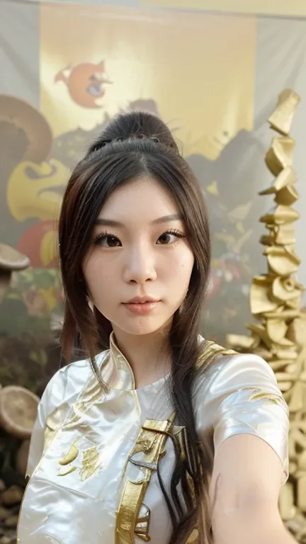 A Taiwanese beauty dresses as Mario，Running in the game background，There are a lot of monsters chasing behind you，There are a lot of gold coins around，Mushrooms and other game materials