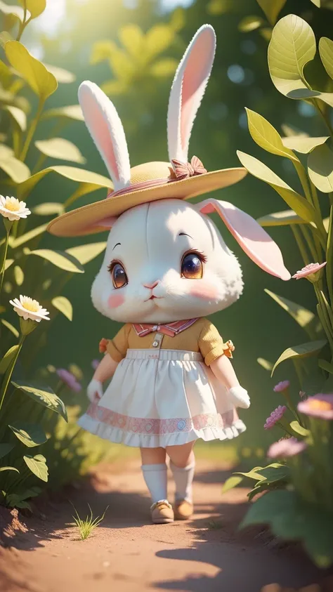 high quality，Realistic and detailed CG graphics，Colorful scene，Cute rabbit wearing a hat in backlight。