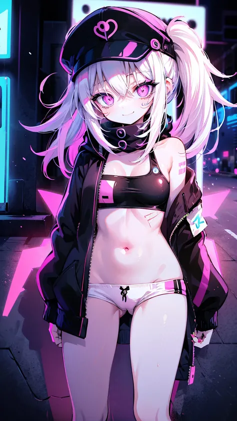 anime girl with a cap, white hair, street background in neon pink and blue colors, scars, stickers, smirk face, neon style of whole shot