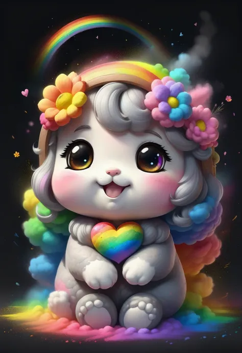 chalk gray style，(发光的神奇cute的向日葵，花丛中有一张cute的娃娃脸)，8k，rainbow colors，kawaii，cute，digital art，high quality，very detailed, chalk powd...