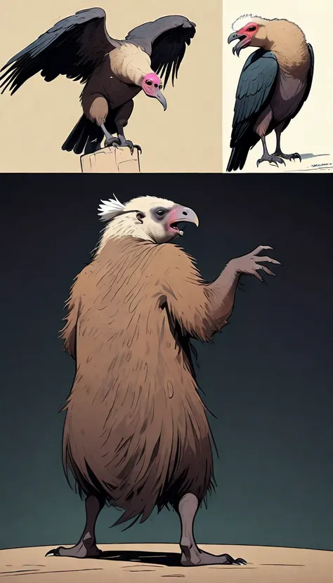 wordless, sketch, rich color grading, cel shading, webcomic, simple, minimal, capybara dancing a vile stanky boogie dance, (in background, lurking in shadows, ominous, sinister and insatiable predator bird duo (Black Vulture (Cathartidae), and Caracara (Fa...