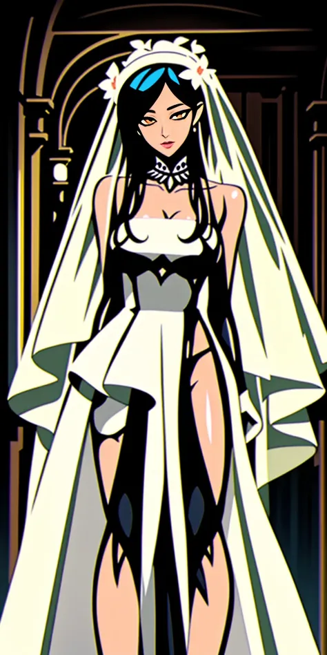 Pirotess, (yellow eyes), white hair, silver hair, very long hair, straight hair, solo, adult woman, beautiful bride wearing beautiful wedding dress, Gurwitz, (bridal veil:1.5), (Transparent short veil:1.5), Blushing face, head flower, headgear, (tube top w...