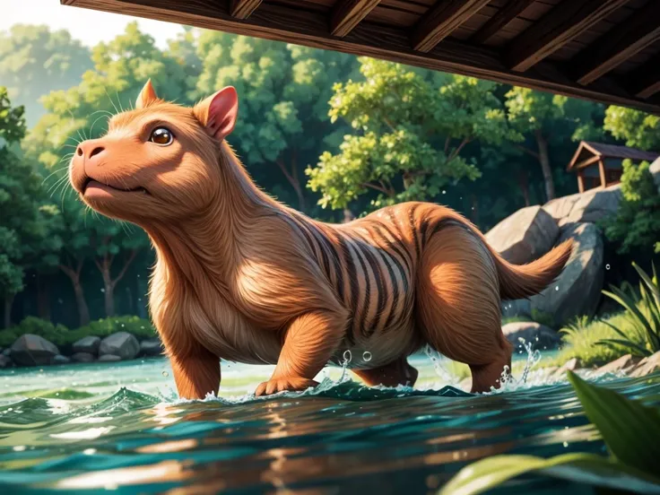 best quality,4k,8k,highres,masterpiece:1.2,ultra-detailed,realistic,photorealistic:1.37, (((a capibara swimming across a river))),illustration,water reflections,natural environment,peaceful setting,green grass,serene atmosphere,vivid colors,warm sunlight,p...