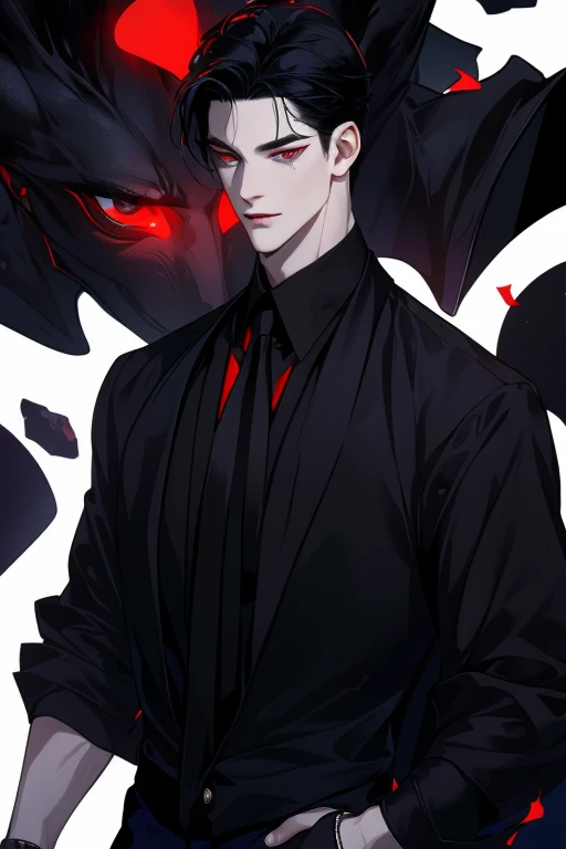 absurdres, highres, ultra detailed, HDR), masterpiece, best quality, 1boy, solo, 22 year, handsome, blue black hair, finely red eyes and detailed face, forehead, ((wear ưblack shirt and black trouser)), (pale and white skin), dutch angle, light smile, vamp...