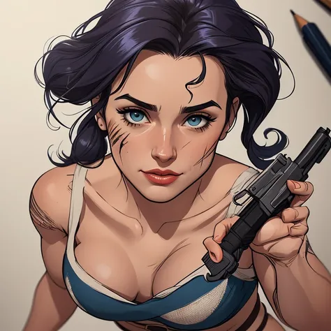 Jeday style warrior female character armed with a .38 revolver Western style atompunk Fallout 4 Jennifer Connelly le with war scars Cartoon image of a woman .Ilustra??o estilo desenho animado, estilo de arte dos desenhos animados, estilo de arte dos desenh...