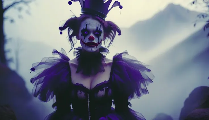 A place with a morbid look that resembles a funeral, (foggy:1.2), silhouetted in soft shadow (closeup face photograph:1.2) (Purple Mountain Majesty clown outfit:1.3) (beautiful supermodel:1.1) hands behind her back, Mouth opened grotesquely wide with long ...