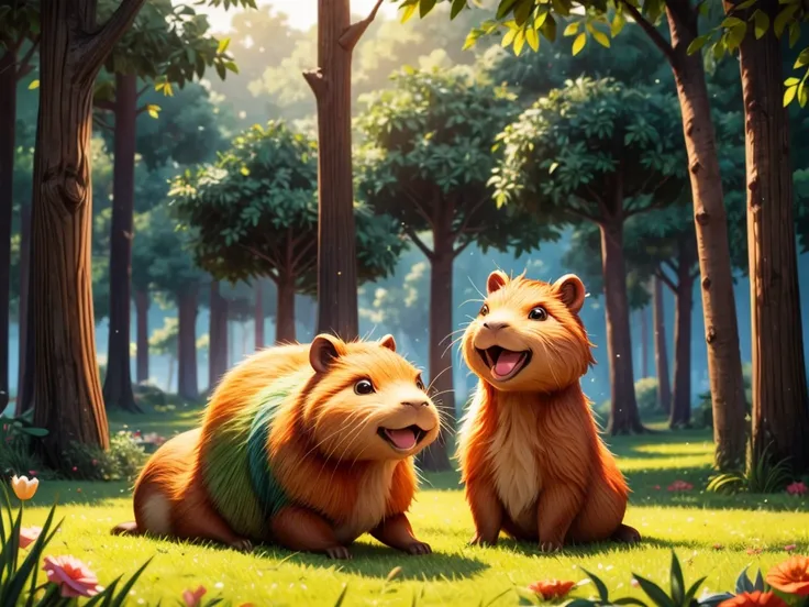 (best quality,highres,masterpiece:1.2),ultra-detailed,realistic, HDR,UHD,photorealistic:1.37,(((a capybara and girl playing together))),beautiful detailed eyes,beautiful detailed lips,longeyelashes,curly hair,wavy hair,cute smile,joyful expression,green gr...