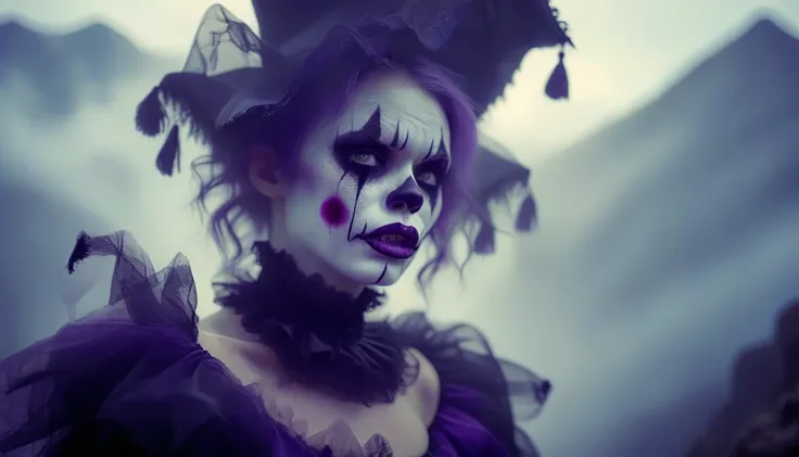 A place with a morbid look that resembles a funeral, (foggy:1.2), silhouetted in soft shadow (closeup face photograph:1.2) (Purple Mountain Majesty clown outfit:1.3) (beautiful supermodel:1.1) hands behind her back, Mouth opened grotesquely wide with long ...