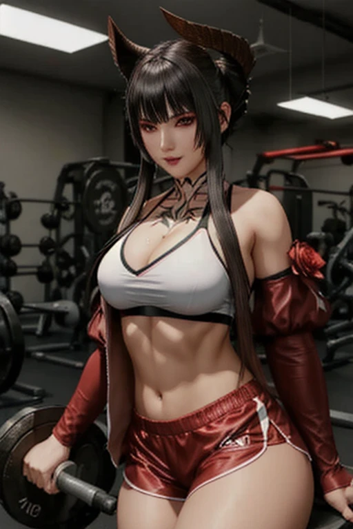 Eliza From Tekken, sensual smile, wearing white shirt and red fitness shorts, in the gym training center