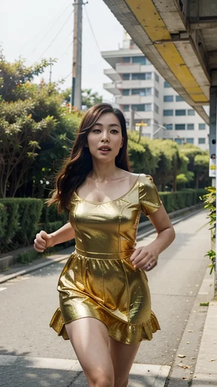 A Taiwanese beauty dresses as Mario，Running in the game background，There are a lot of monsters chasing behind you，There are a lot of gold coins around，Mushrooms and other game materials