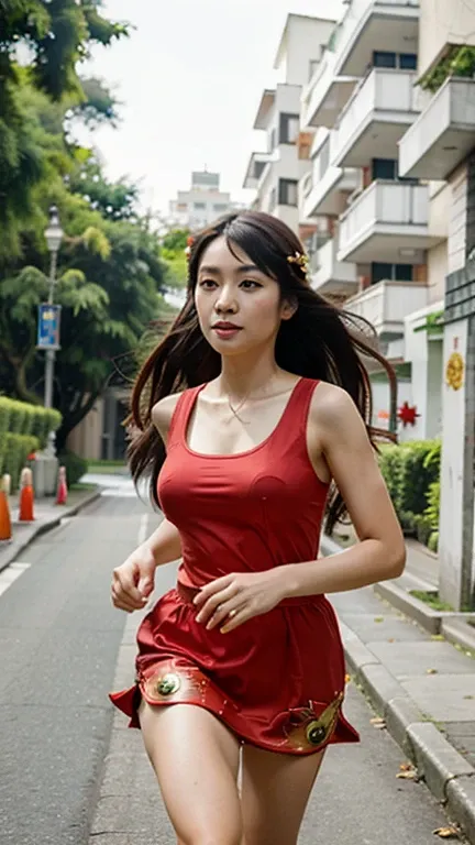 A Taiwanese beauty dresses as Mario，Running in the game background，There are a lot of monsters chasing behind you，There are a lot of gold coins around，Mushrooms and other game materials