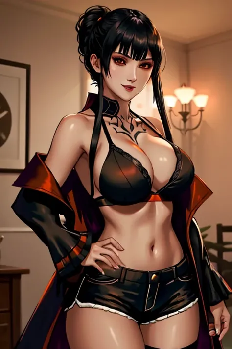 Eliza From Tekken, sensual smile, in a black bra and cleavage, with a coat draped over her shoulders, in short shorts, at home, soft lighting in the room with orange and dark tones